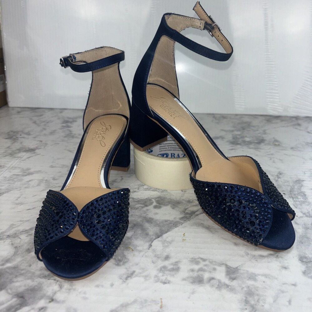 Badgley Mischka Jewel Navy Rhinestone Peep Toe Ankle Strap Block